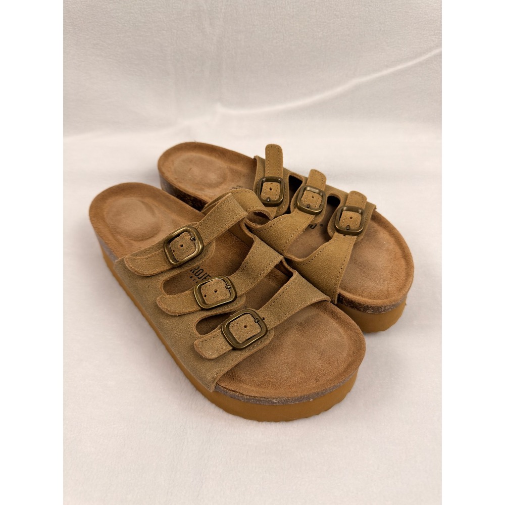 Project Cloud Tan Suede Platform Slide Sandals Triple Buckle Memory Foam US 7
